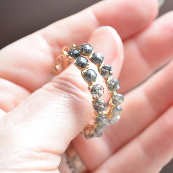 Black Rutilated Quartz Wire Wrapped Gold Hoops - Picture 6 of 11